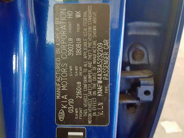 KNAFW4A38A5232209 - 2010 KIA FORTE SX BLUE photo 10