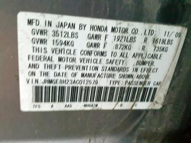 JHMGE8H23AC012579 - 2010 HONDA FIT GRAY photo 10