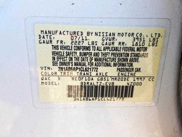 3N1AB6AP1CL621772 - 2012 NISSAN SENTRA 2.0 WHITE photo 10