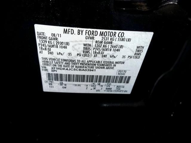 2FMDK4JC5CBA03941 - 2012 FORD EDGE SEL BLACK photo 10