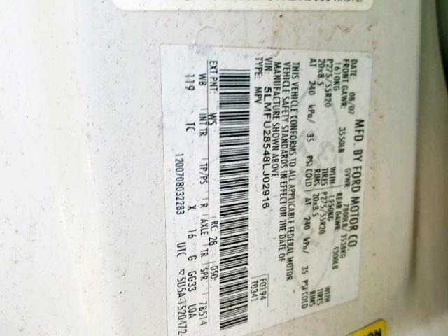 5LMFU28548LJ02916 - 2008 LINCOLN NAVIGATOR WHITE photo 10