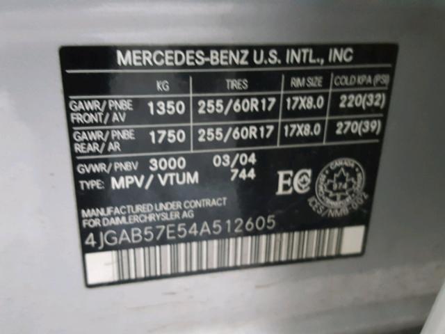 4JGAB57E54A512605 - 2004 MERCEDES-BENZ ML 350 SILVER photo 10