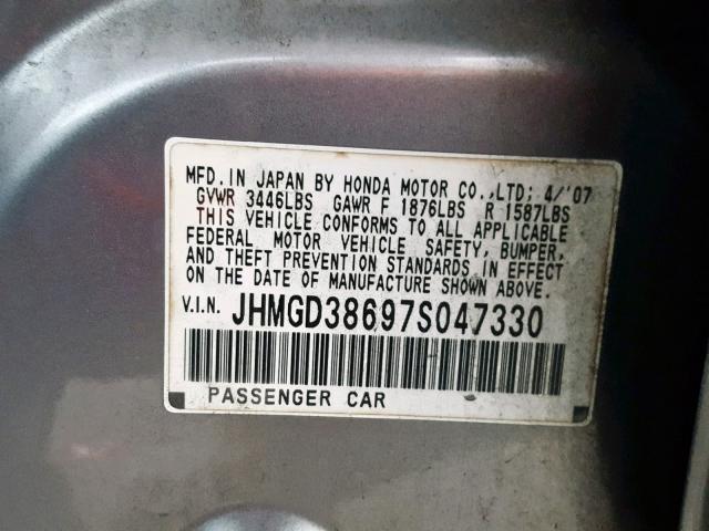 JHMGD38697S047330 - 2007 HONDA FIT S 银色 照片 10