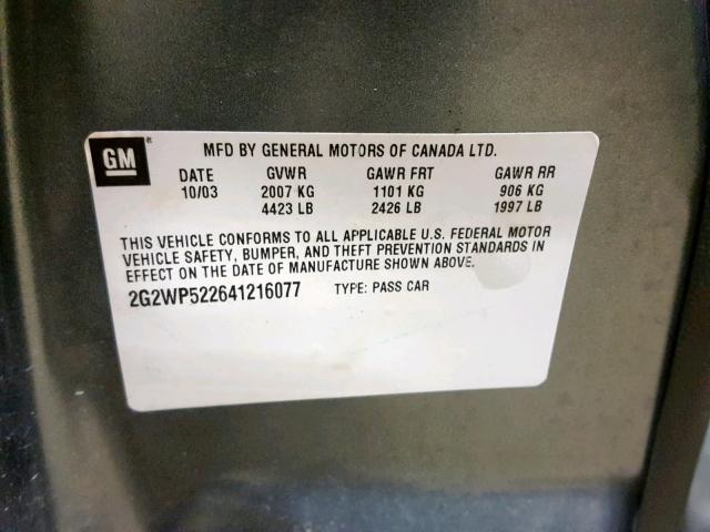 2G2WP522641216077 - 2004 PONTIAC GRAND PRIX ნაცრისფერი ფოტო 10