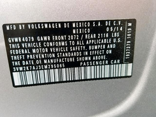 3VW2K7AJ3EM295065 - 2014 VOLKSWAGEN JETTA BASE 银色 照片 10