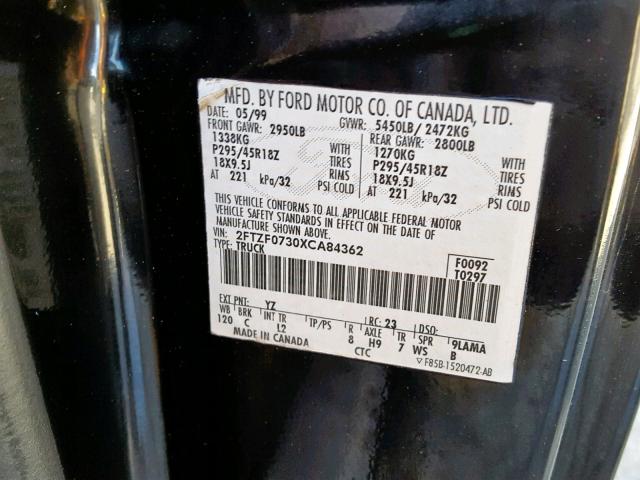 2FTZF0730XCA84362 - 1999 FORD F150 SVT L BLACK photo 10