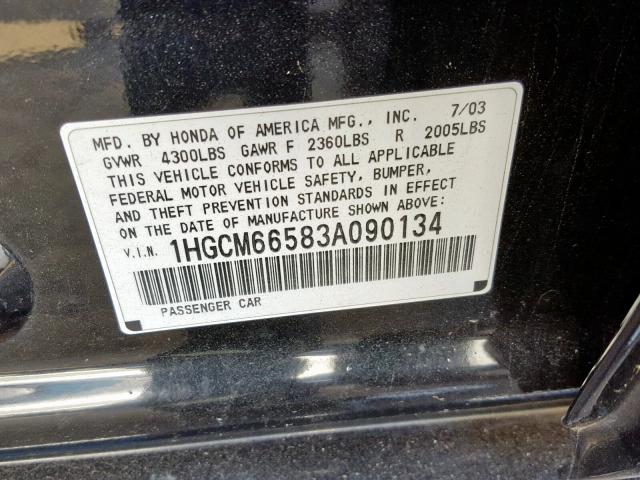 1HGCM66583A090134 - 2003 HONDA ACCORD BLACK photo 10