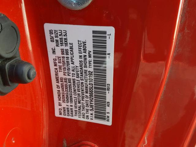 5J6YH28665L010192 - 2005 HONDA ELEMENT EX RED photo 10