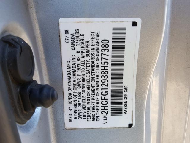 2HGFG12938H577380 - 2008 HONDA CIVIC EXL SILVER photo 10