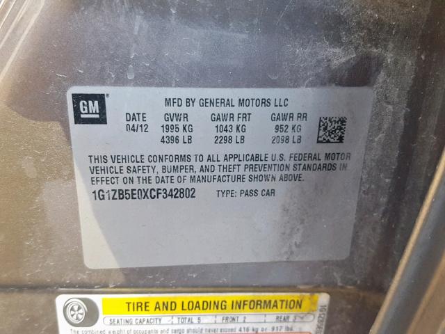 1G1ZB5E0XCF342802 - 2012 CHEVROLET MALIBU LS SILVER photo 10