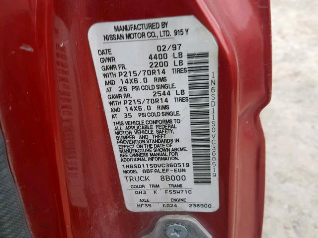 1N6SD11S0VC360519 - 1997 NISSAN TRUCK BASE RED photo 10