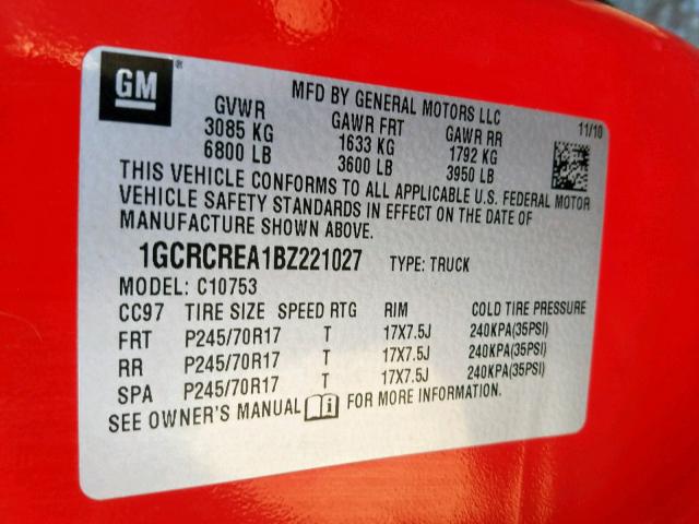 1GCRCREA1BZ221027 - 2011 CHEVROLET SILVERADO RED photo 10