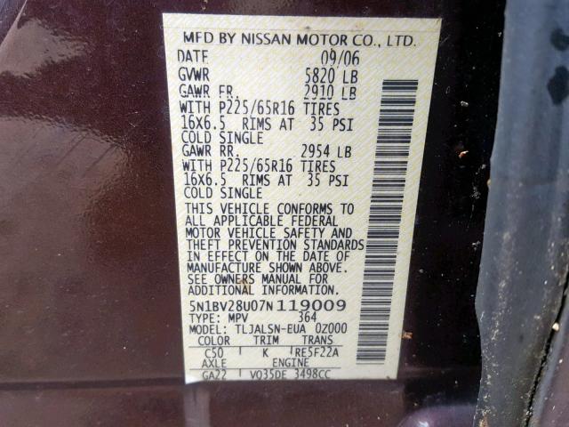 5N1BV28U07N119009 - 2007 NISSAN QUEST S BURGUNDY photo 10