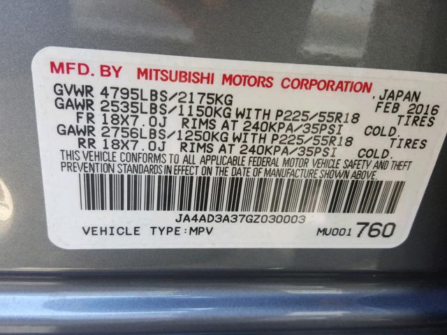 JA4AD3A37GZ030003 - 2016 MITSUBISHI OUTLANDER GRAY photo 10