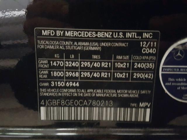 4JGBF8GE0CA780213 - 2012 MERCEDES-BENZ GL 550 4MA BLACK photo 10