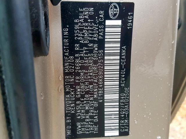 4T1BE46K69U275156 - 2009 TOYOTA CAMRY LE A GRAY photo 10
