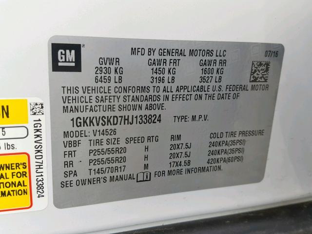 1GKKVSKD7HJ133824 - 2017 GMC ACADIA LIM WHITE photo 10