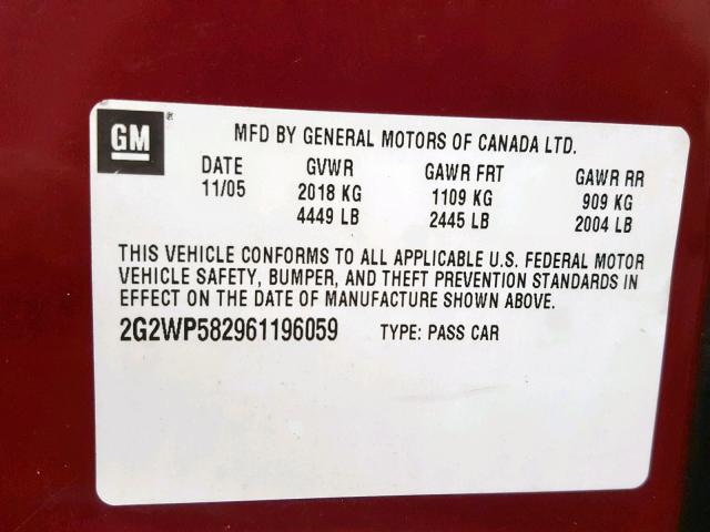 2G2WP582961196059 - 2006 PONTIAC GRAND PRIX BURGUNDY photo 10