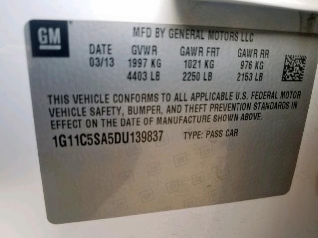 1G11C5SA5DU139837 - 2013 CHEVROLET MALIBU 1LT 白色 照片 10