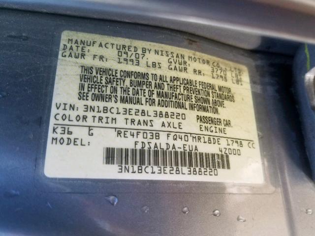 3N1BC13E28L388220 - 2008 NISSAN VERSA S SILVER photo 10