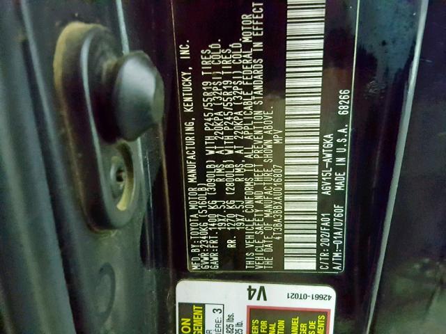 4T3BA3BBXAU016807 - 2010 TOYOTA VENZA BASE BLACK photo 10