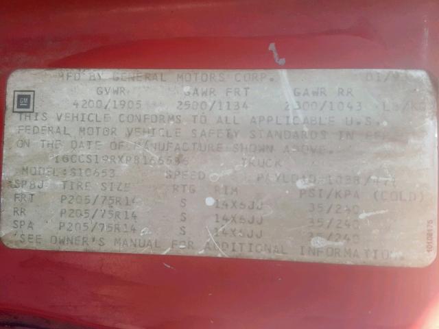 1GCCS19RXP8166536 - 1993 CHEVROLET S TRUCK S1 RED photo 10