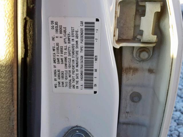 1HGCM56176A134748 - 2006 HONDA ACCORD VAL WHITE photo 10