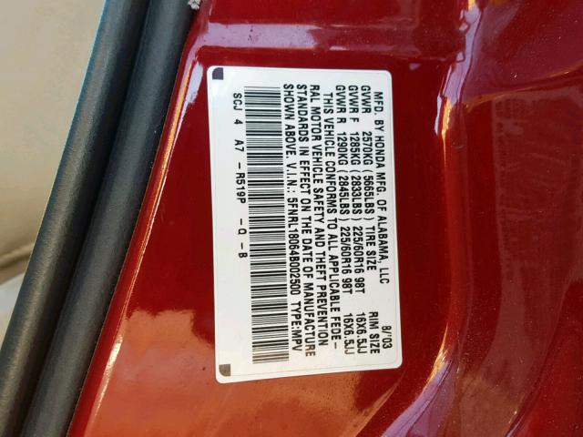 5FNRL18064B002500 - 2004 HONDA ODYSSEY EX RED photo 10