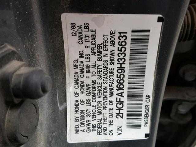 2HGFA16659H335631 - 2009 HONDA CIVIC GRAY photo 10