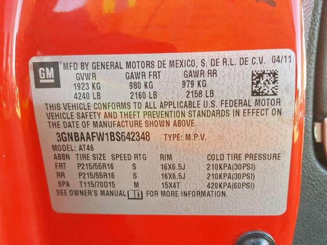 3GNBAAFW1BS642348 - 2011 CHEVROLET HHR LS Rojo foto 10