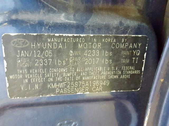 KMHWF25S75A196949 - 2005 HYUNDAI SONATA GL BLUE photo 10