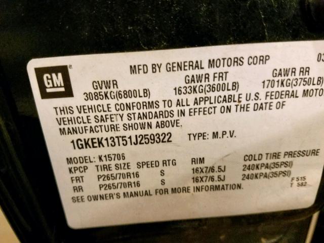 1GKEK13T51J259322 - 2001 GMC YUKON GREEN photo 10