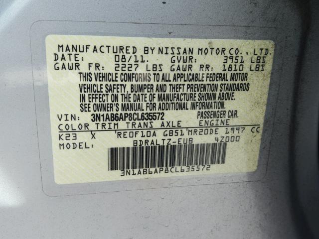 3N1AB6AP8CL635572 - 2012 NISSAN SENTRA 2.0 SILVER photo 10