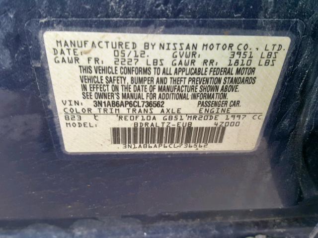 3N1AB6AP6CL736562 - 2012 NISSAN SENTRA 2.0 BLUE photo 10