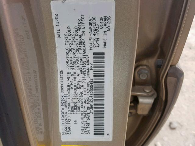 JTJHF10U630305482 - 2003 LEXUS RX 300 GOLD photo 10