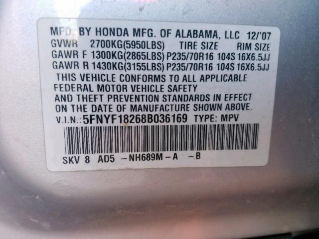 5FNYF18268B036169 - 2008 HONDA PILOT VP SILVER photo 10