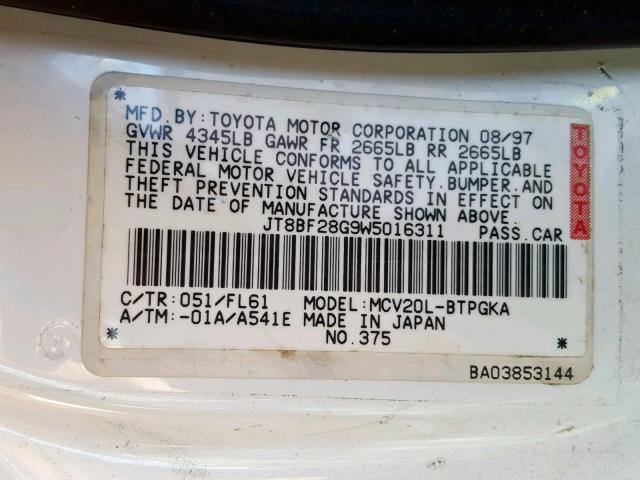 JT8BF28G9W5016311 - 1998 LEXUS ES 300 WHITE photo 10