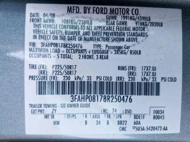 3FAHP08178R250476 - 2008 FORD FUSION SEL GRAY photo 10