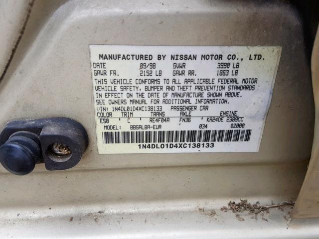 1N4DL01D4XC138133 - 1999 NISSAN ALTIMA XE TAN photo 10