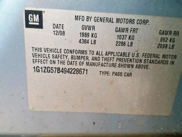 1G1ZG57B494228671 - 2009 CHEVROLET MALIBU LS 蓝色 照片 10