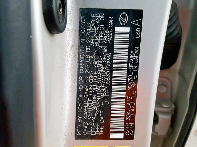 JTHBF30G630150946 - 2003 LEXUS ES 300 SILVER photo 10