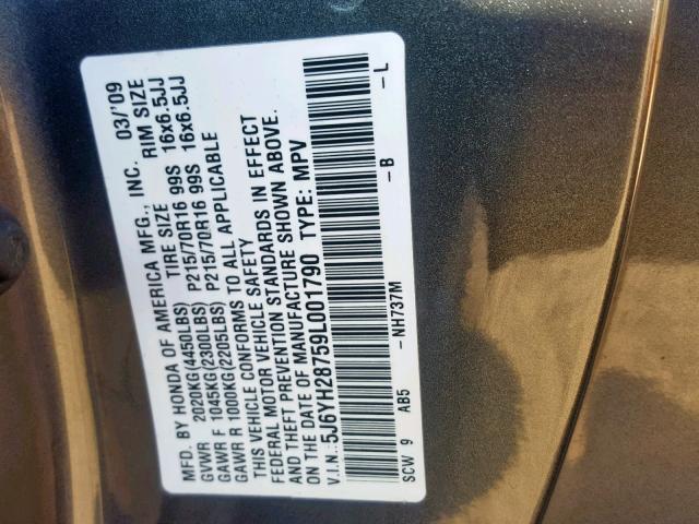 5J6YH28759L001790 - 2009 HONDA ELEMENT EX GRAY photo 10