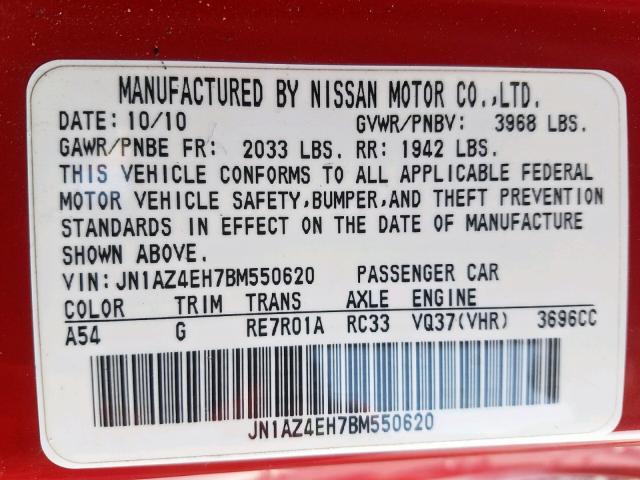 JN1AZ4EH7BM550620 - 2011 NISSAN 370Z BASE RED photo 10