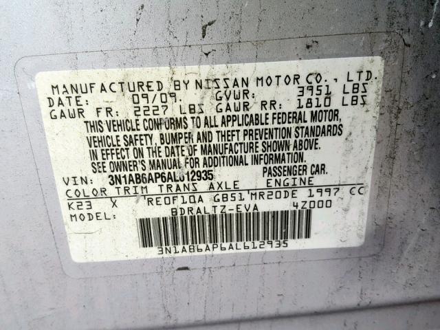 3N1AB6AP6AL612935 - 2010 NISSAN SENTRA 2.0 SILVER photo 10