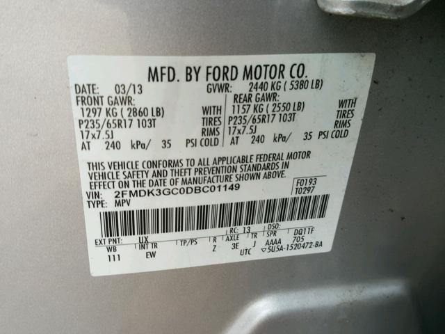 2FMDK3GC0DBC01149 - 2013 FORD EDGE SE SILVER photo 10