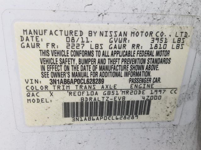 3N1AB6AP0CL628289 - 2012 NISSAN SENTRA 2.0 WHITE photo 10