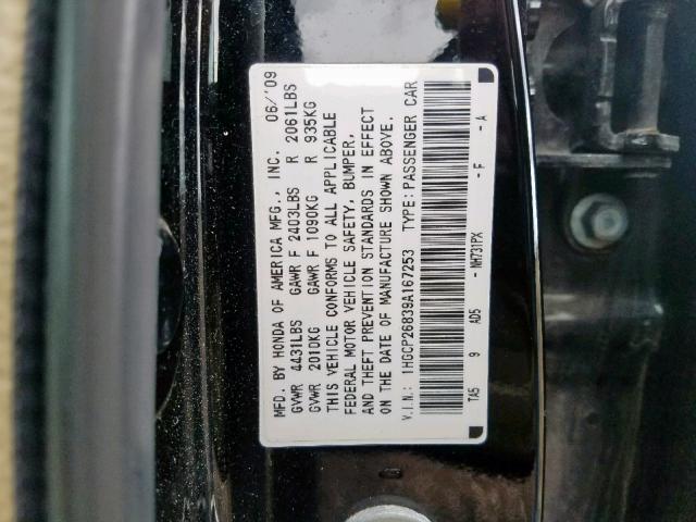 1HGCP26839A167253 - 2009 HONDA ACCORD EXL BLACK photo 10