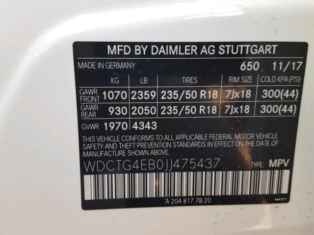 WDCTG4EB0JJ475437 - 2018 MERCEDES-BENZ GLA 250 WHITE photo 10