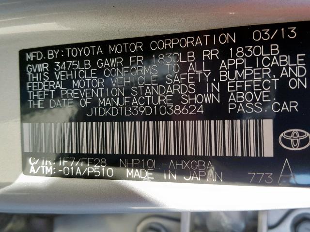 JTDKDTB39D1038624 - 2013 TOYOTA PRIUS C SILVER photo 10