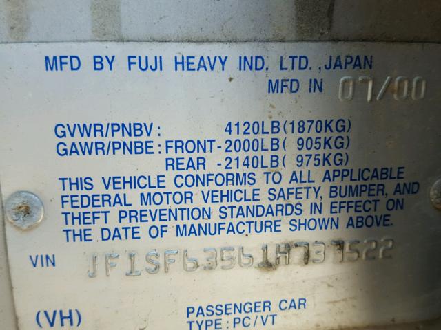 JF1SF63561H737522 - 2001 SUBARU FORESTER L BEIGE photo 10